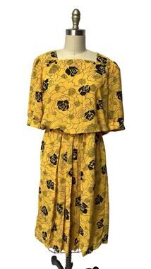 Vintage 80s Retro Abstract Yellow Black Roses Polyester Secretary Dress SZ 12